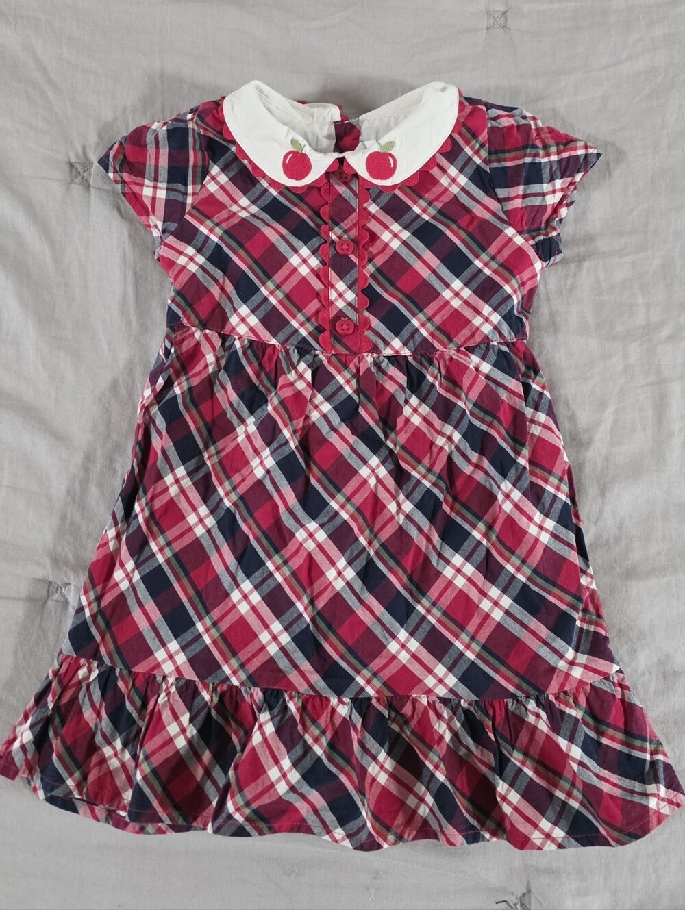 Gymboree Toddler Girl Red & White Plaid Dress with Peter Pan Collar & Apples 3T